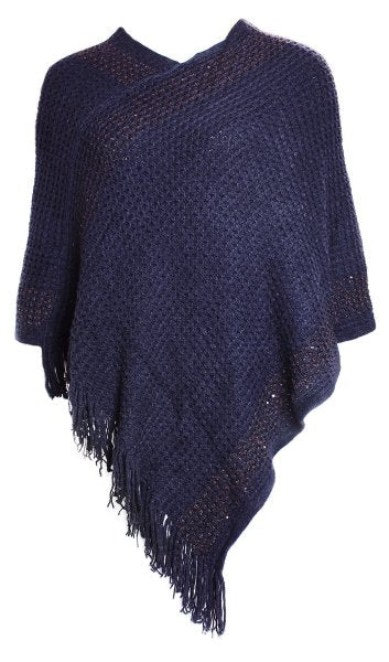 Strick Poncho Quasten weiche Wickelstil Blau | Fashion Königin