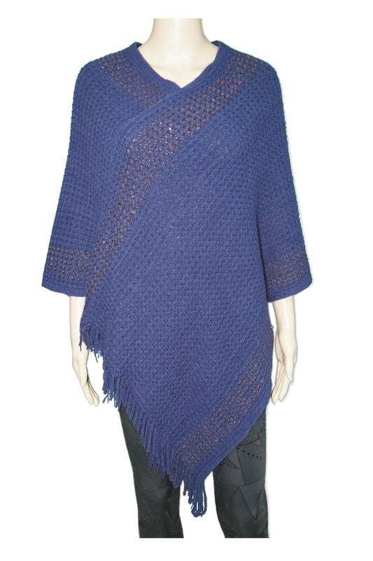 Strick Poncho Quasten weiche Wickelstil Blau | Fashion Königin