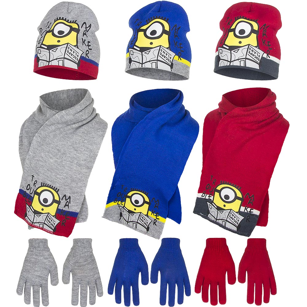 Minions Kinder Set Mütze, Schal & Handschuhe mit Minion Motiv Blau, Rot und Grau | Fashion Königin