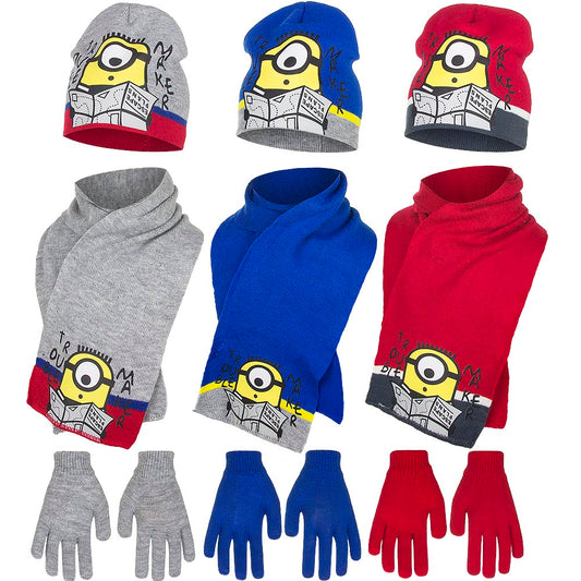 Minions Kinder Set Mütze, Schal & Handschuhe mit Minion Motiv Blau, Rot und Grau | Fashion Königin