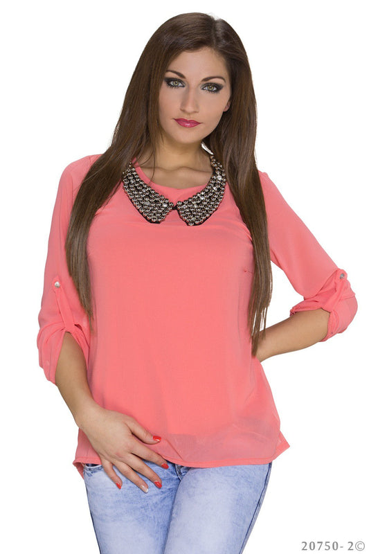 ¾ Arm Shirt Rundhalsausschnitt Collier Applikation Coral | Fashion Königin