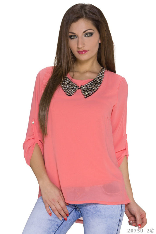 ¾ Arm Shirt Rundhalsausschnitt Collier Applikation Coral | Fashion Königin