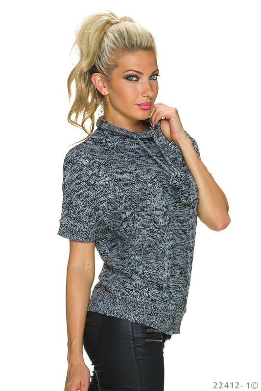 Pullover Kurzarm Fledermaus Rundhals Tunnelzug Schwarz Grau | Fashion Königin