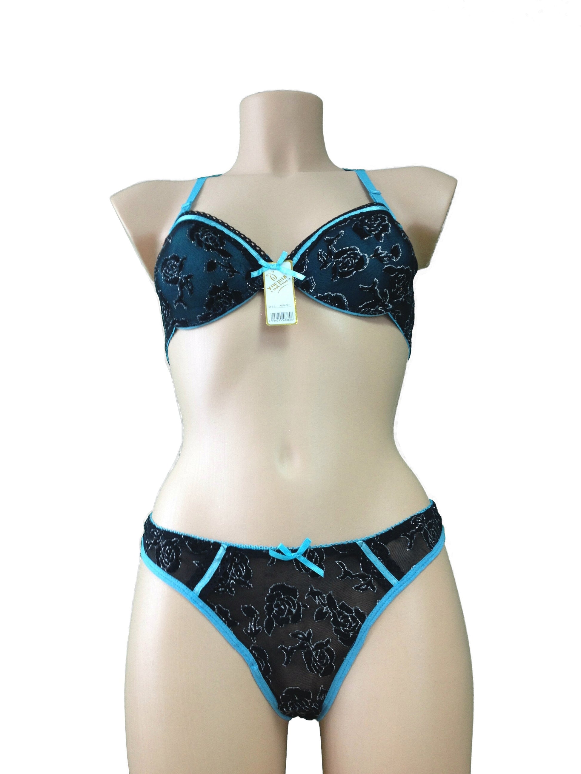 Schwarz Blau Push UP BH + String Set Spitze Glitzerrose Rosen | Fashion Königin