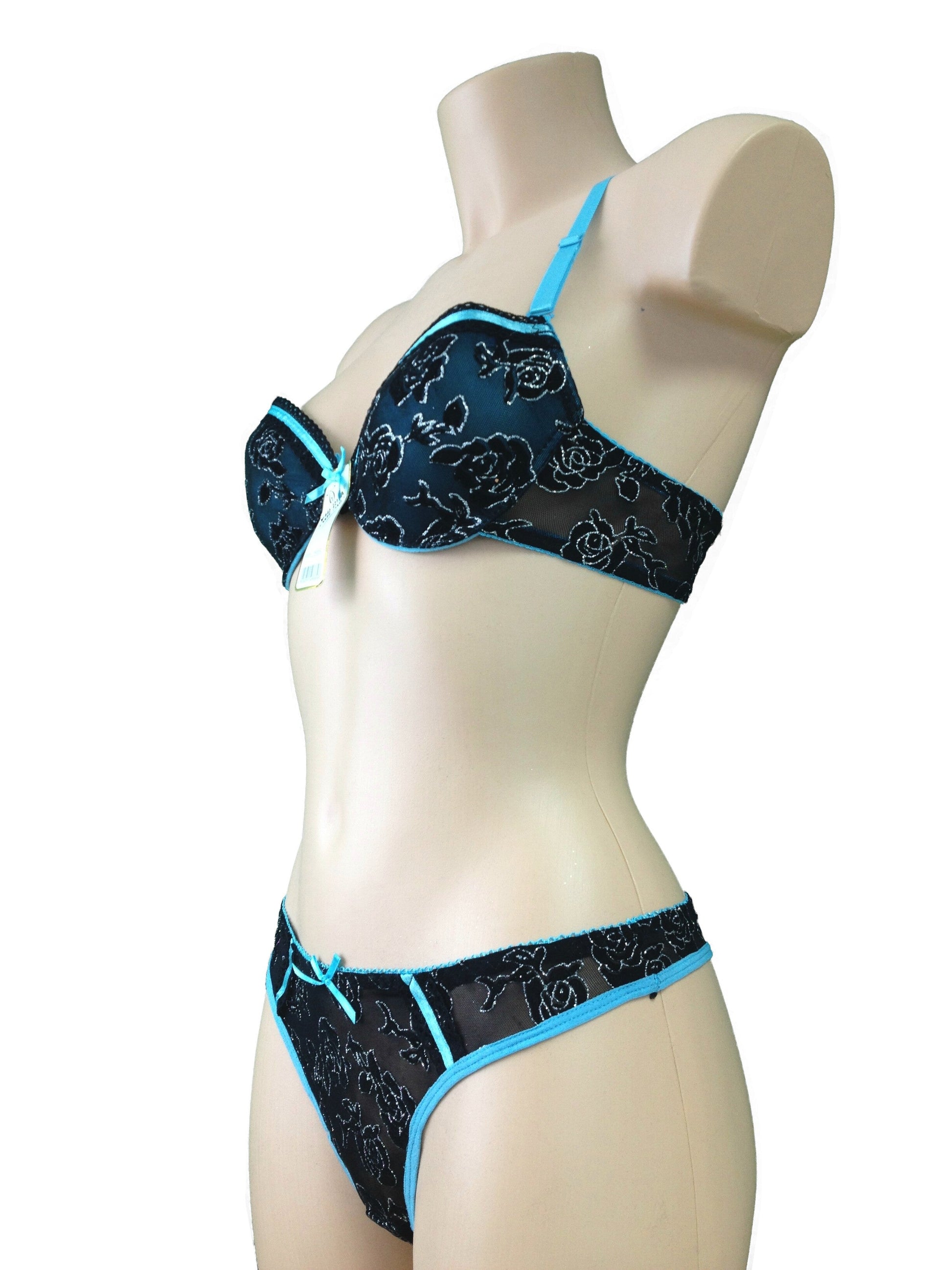 Schwarz Blau Push UP BH + String Set Spitze Glitzerrose Rosen | Fashion Königin