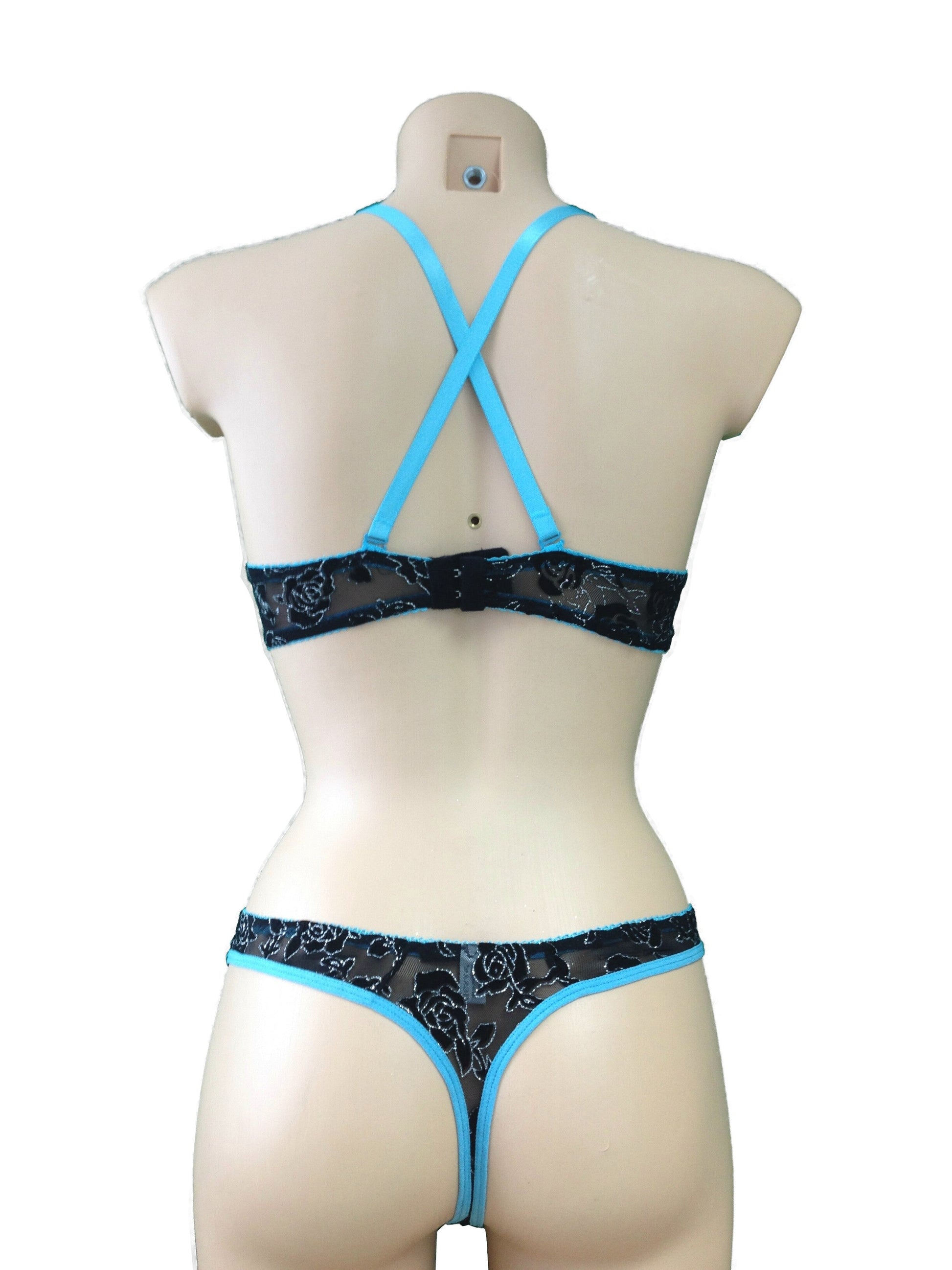 Schwarz Blau Push UP BH + String Set Spitze Glitzerrose Rosen | Fashion Königin