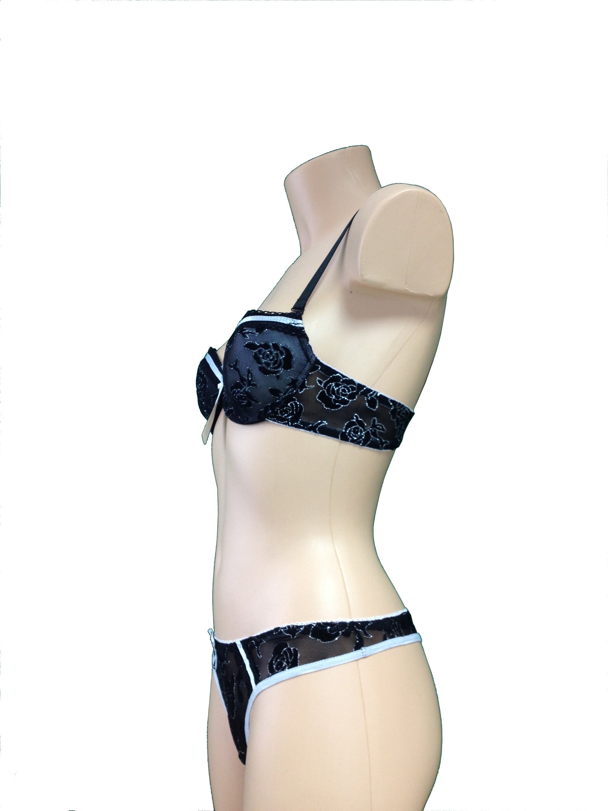 Schwarz Weiß Push UP BH + String Set Spitze Glitzerrose Rosen | Fashion Königin