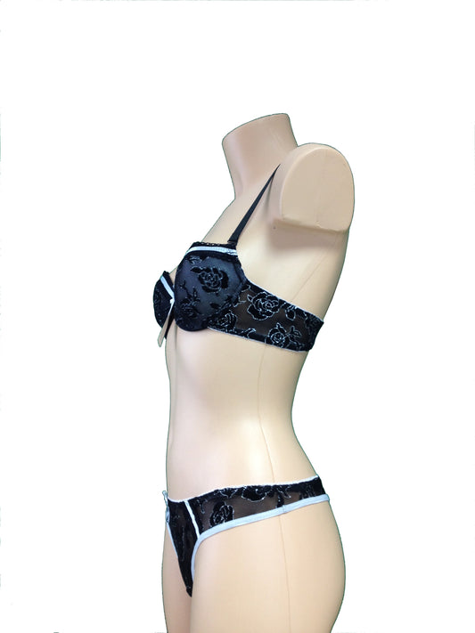 Schwarz Weiß Push UP BH + String Set Spitze Glitzerrose Rosen | Fashion Königin
