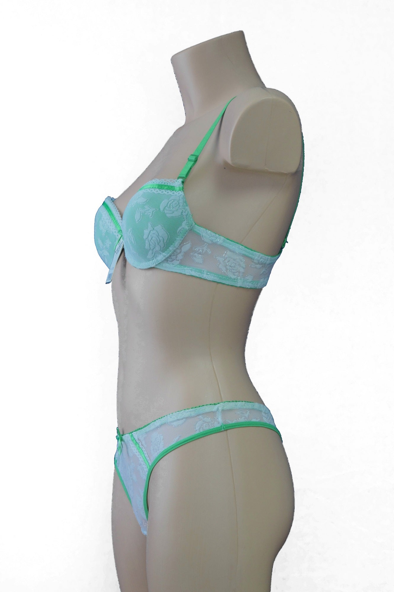 Weiß Grün Push UP BH + String Set Spitze Glitzerrose Rosen | Fashion Königin
