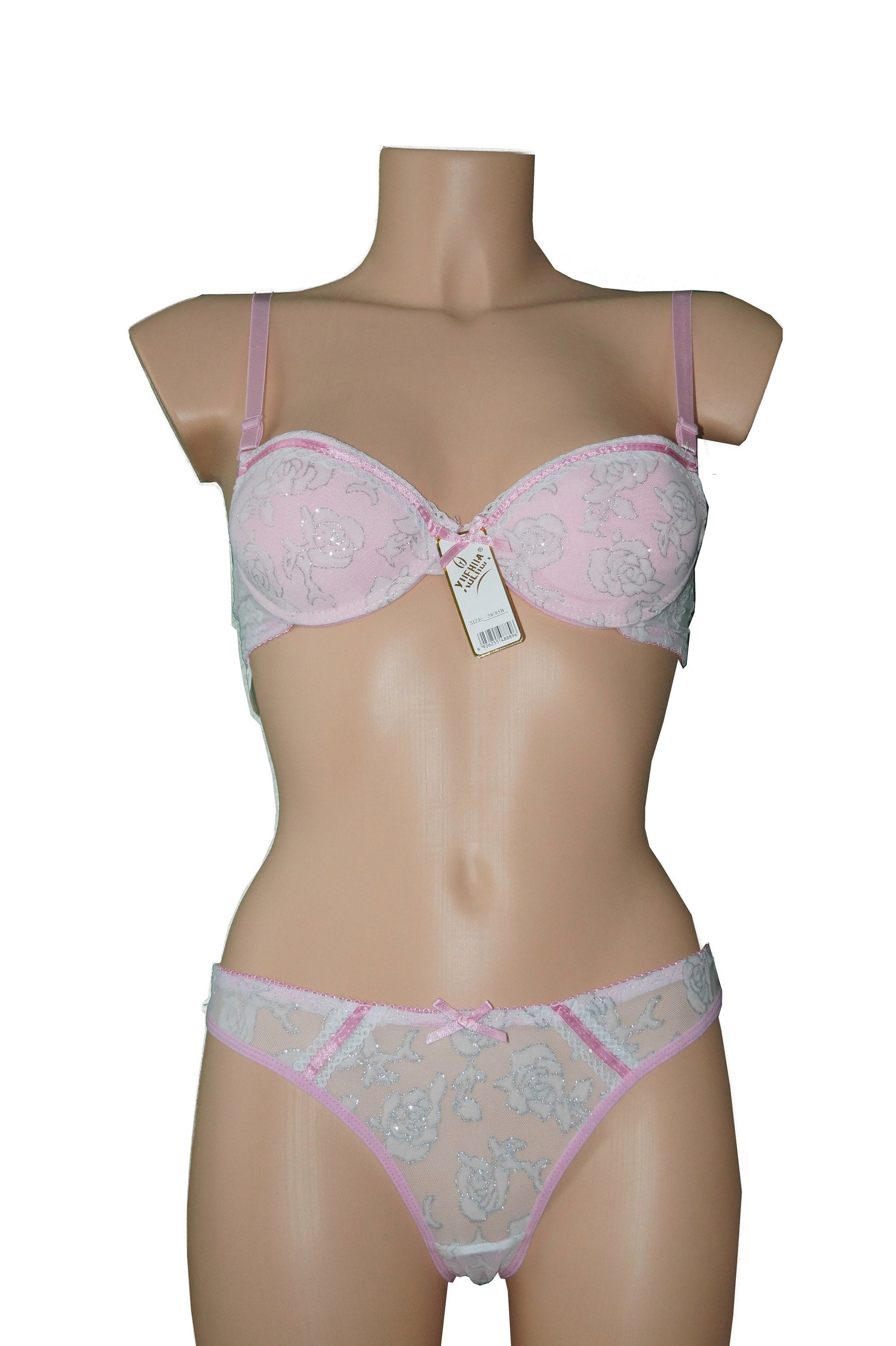 Weiß Rosa Push UP BH + String Set Spitze Glitzerrose Rosen | Fashion Königin