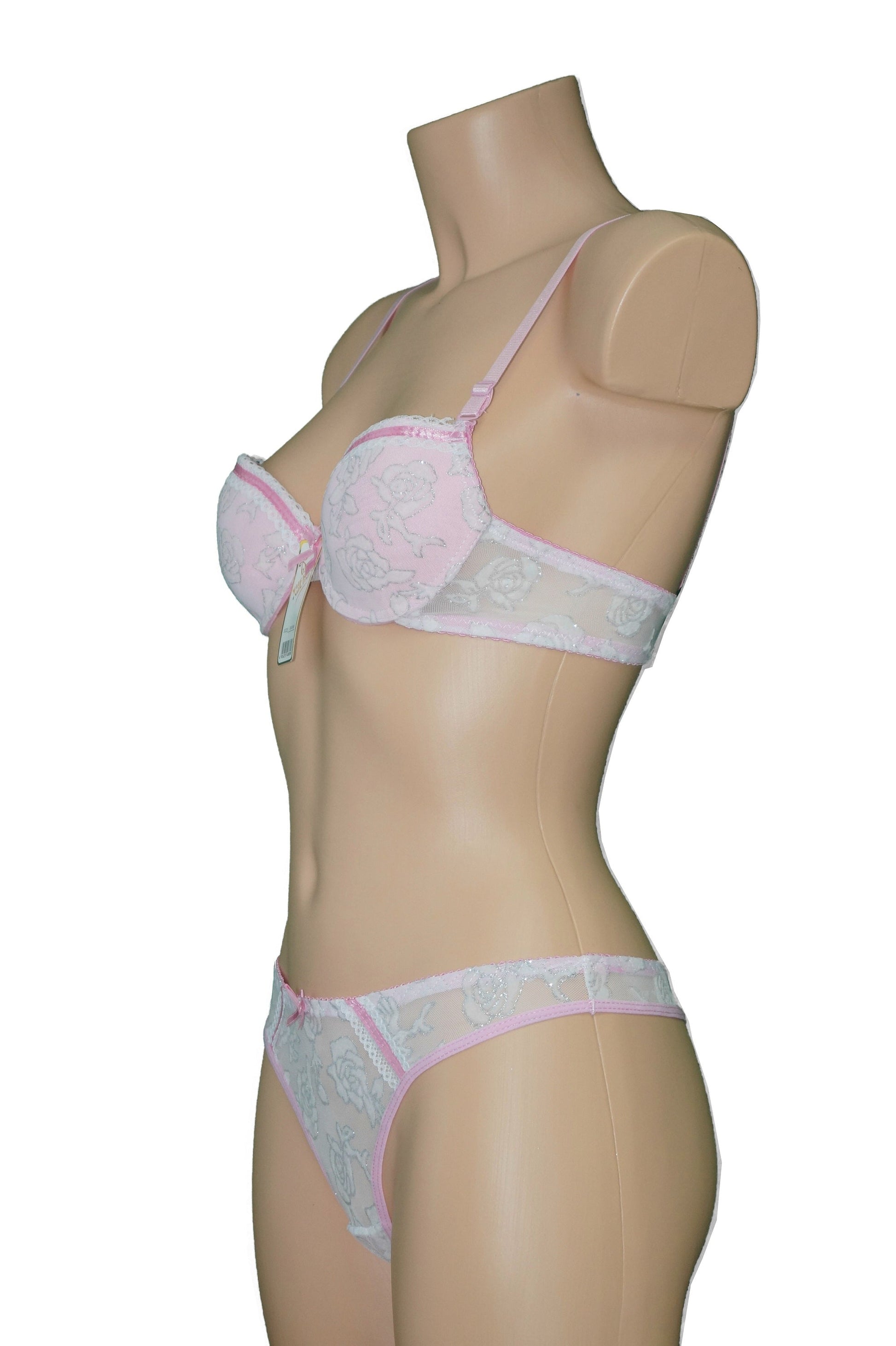 Weiß Rosa Push UP BH + String Set Spitze Glitzerrose Rosen | Fashion Königin