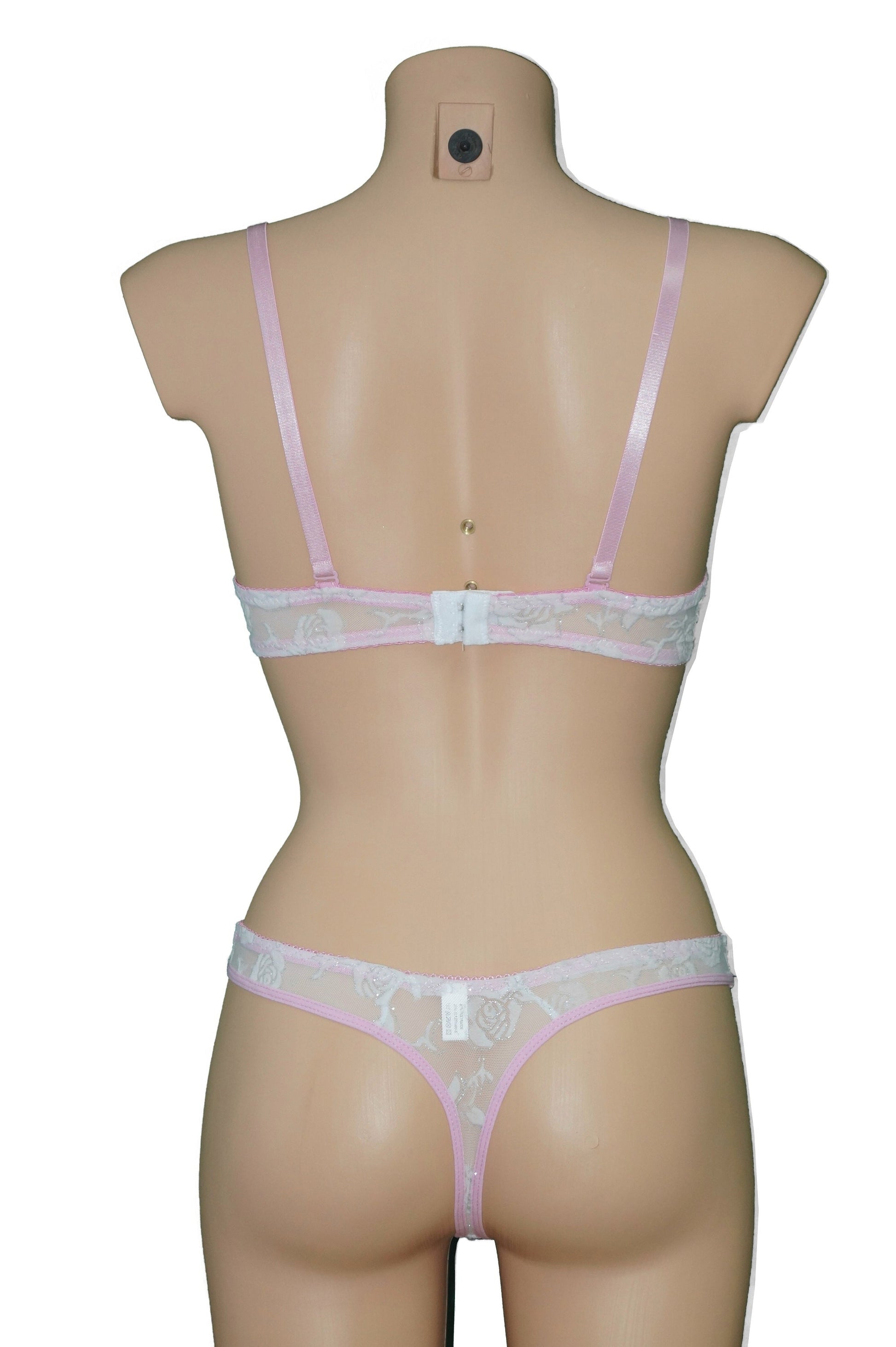 Weiß Rosa Push UP BH + String Set Spitze Glitzerrose Rosen | Fashion Königin