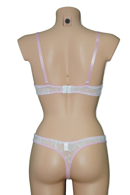 Weiß Rosa Push UP BH + String Set Spitze Glitzerrose Rosen | Fashion Königin